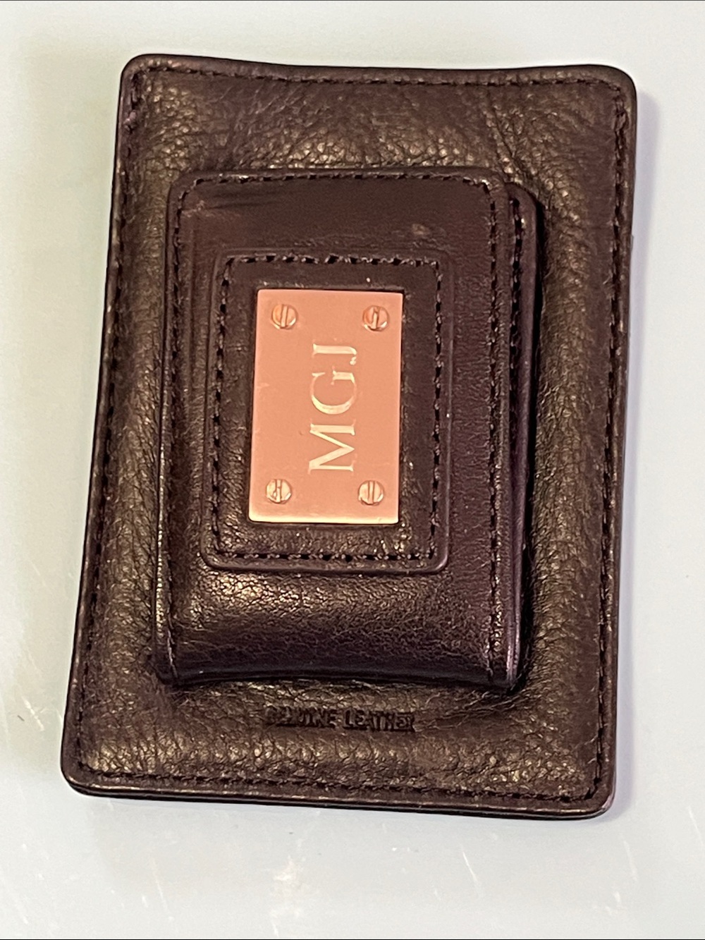 Things Remembered Brown Leather Money Clip with Rose Gold Plate